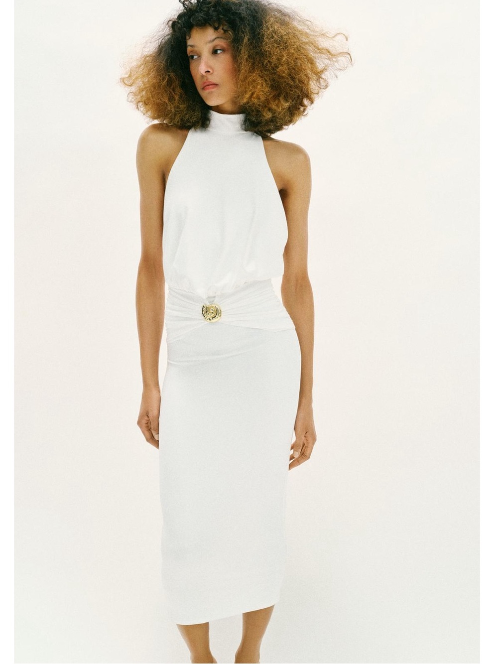 Zara White Midi Skirt with Gold Medallion Detail